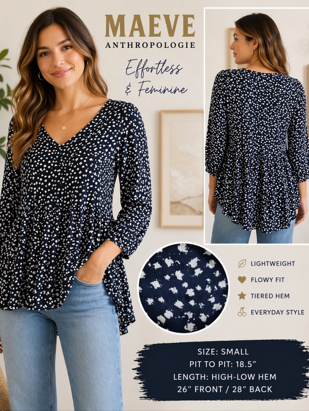 Maeve Anthropologie Navy Printed Peplum Blouse | Flowy Tiered High-Low Top S